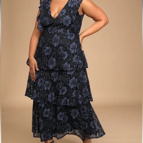 Molinetto Navy Blue Lace Ruffled Tiered Sleeveless Maxi Dress - Picture 2 of 9